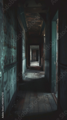 Spooky abandoned house hallway featuring dimly lit wooden floorboards, cobwebs, and eerie open doors. Concept of Halloween, horror, haunted mansion, mystery, scary atmosphere, abandonment. Vertical