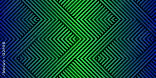 Vector geometric seamless pattern with zigzag lines, stripes, chevron. Abstract sport style urban graphic texture. Trendy background design in 1980s - 1990s style. Modern neon green and blue gradient
