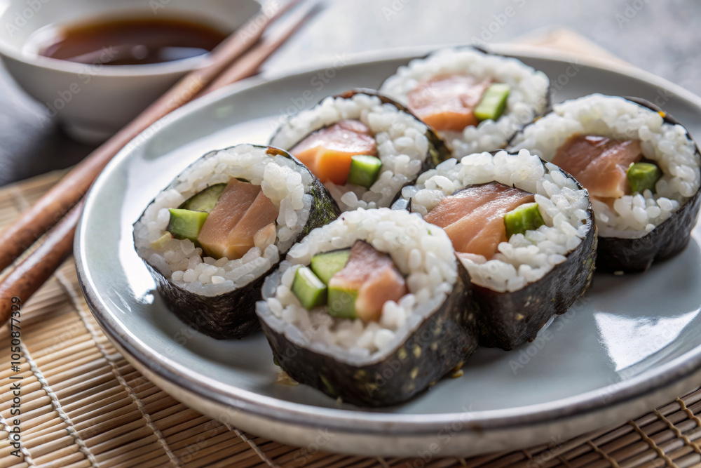 Close-up of sushi rolls with salmon and avocado, Japanese cuisine concept