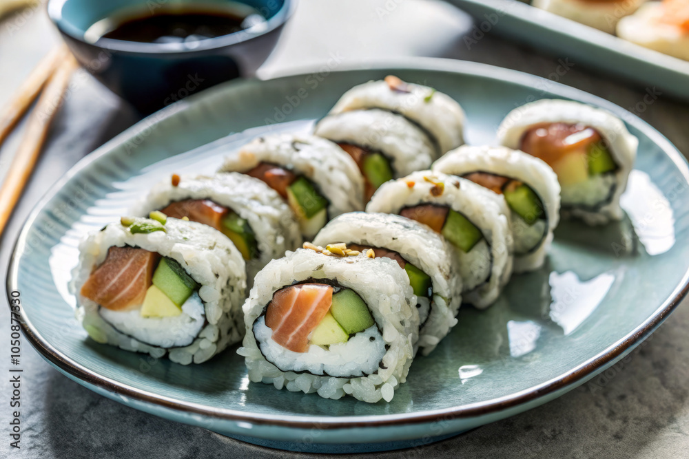 Close-up of sushi rolls with salmon and avocado, Japanese cuisine concept Close-up of sushi rolls with salmon and avocado, Japanese cuisine concept