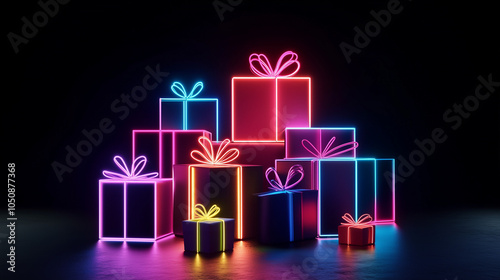 Stack of neon gift boxes with ribbon, light gift box for birthday, wedding, anniversary, party, event, gift guide, retail idea, advertising, Christmas gifts.AI generation