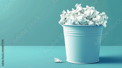 White metal trash can full of crumpled paper overflowing on blue background photo