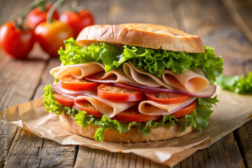 Grilled ham sandwich with fresh lettuce and tomato on parchment paper, close-up. Gourmet snack and healthy eating concept Grilled ham sandwich with fresh lettuce and tomato on parchment paper, close-up. Gourmet snack and healthy eating concept