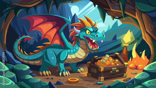 A colorful dragon guards its treasure in a mystical cave surrounded by mountains and glowing gems