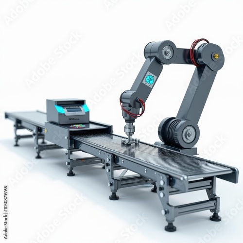  Industrial robotic arm with conveyor belt, modern machinery, automation technology, manufacturing process. Generative, AI,