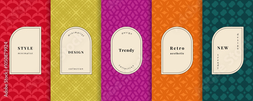 Vector geometric seamless patterns. Trending set of abstract elegant colorful backgrounds with minimal labels, frames, logo. Abstract modern retro ornament textures. Geo design for decor, banner, card