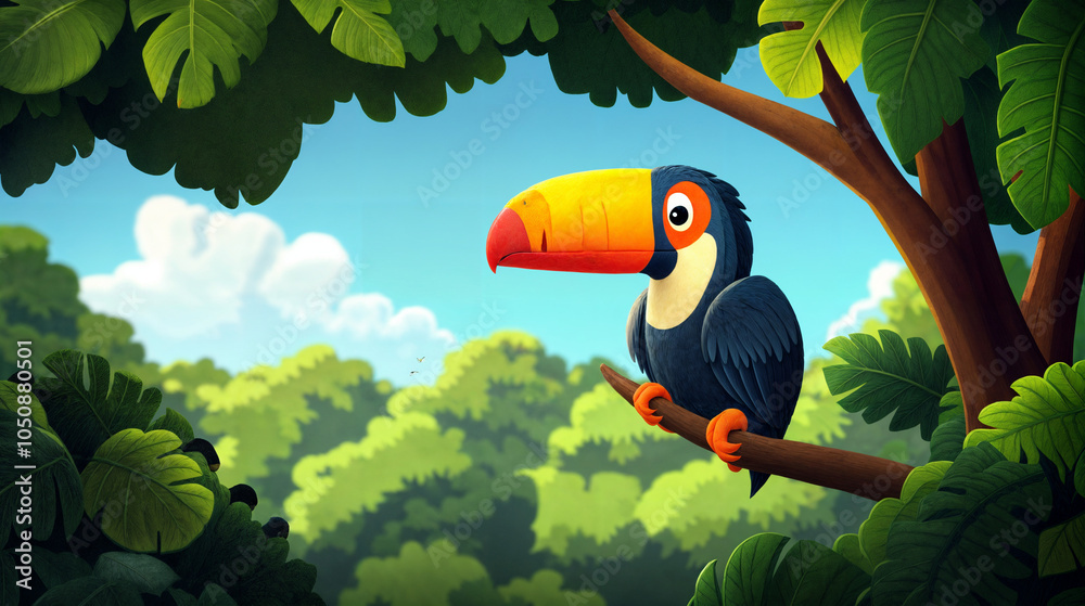 The image features a vibrant, cartoon-style parrot perched on a branch in a lush, green jungle.