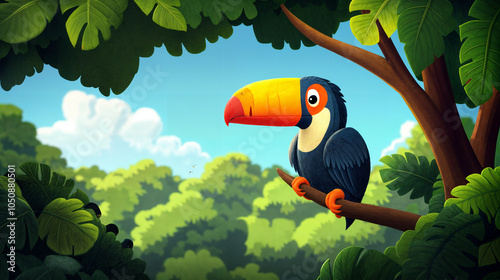 Obraz na płótnie The image features a vibrant, cartoon-style parrot perched on a branch in a lush, green jungle. w salonie