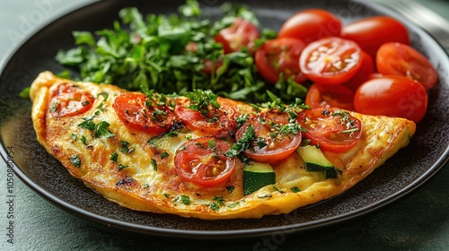 Fresh homemade omelette with mushrooms, feta cheese and herbs. A healthy protein breakfast with mushrooms and spinach