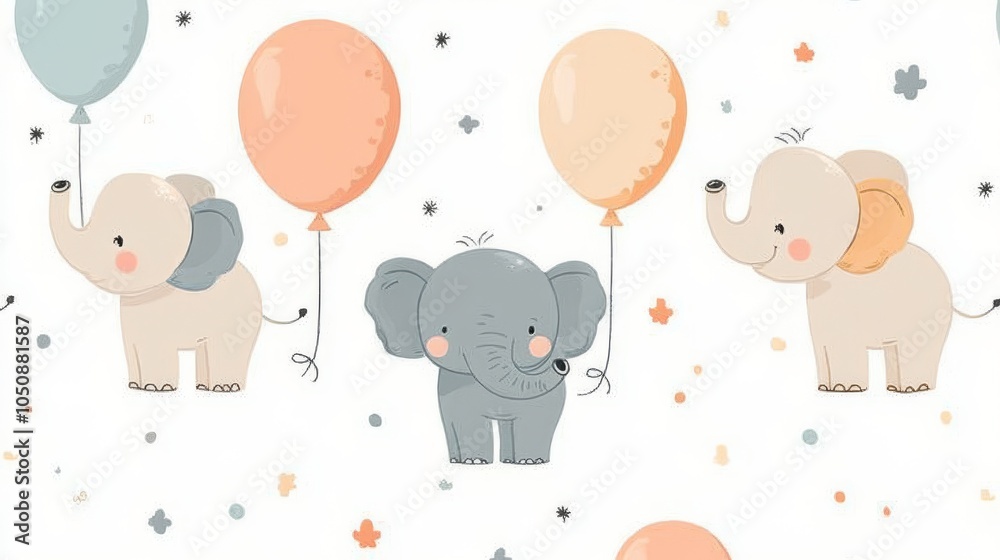 Naklejka premium Baby elephant with hearts and stars, whimsical vector illustration, perfect for nursery decor and wrapping paper