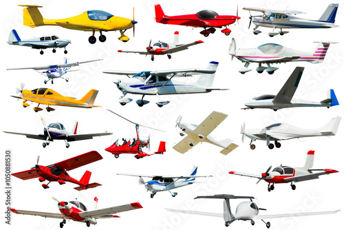 A lot of light aircraft: gyroplanes and gliders isolated on white background photo