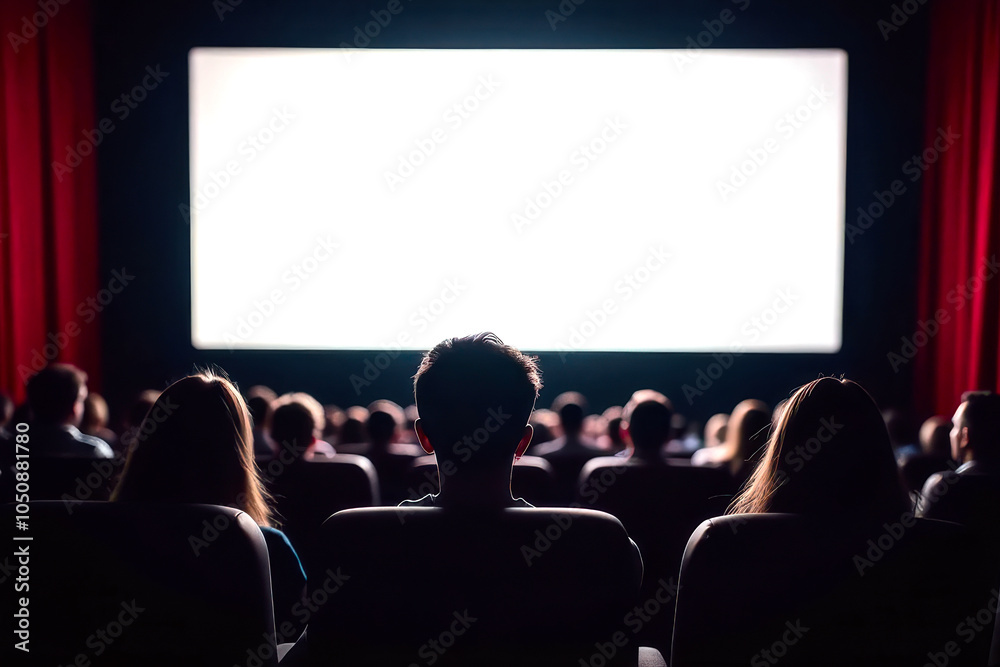 People in the cinema watching a movie. Blank empty white screen. People silhouettes in the cinema People in the cinema watching a movie. Blank empty white screen. People silhouettes in the cinema