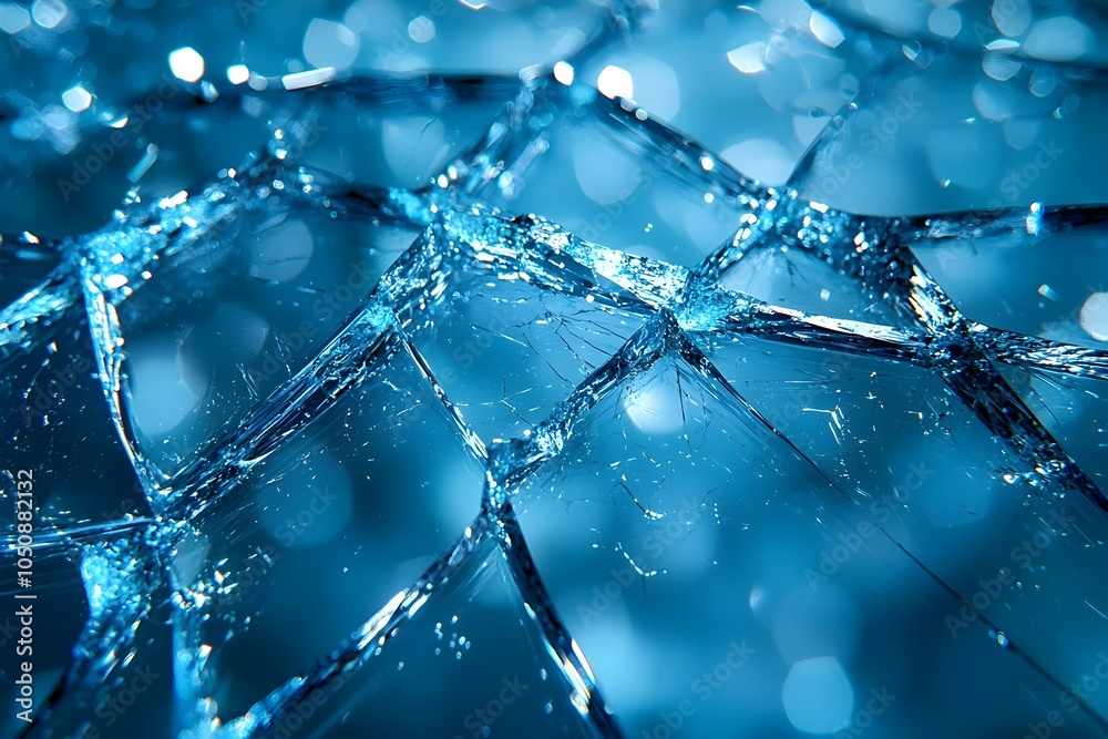 Close-up of a shattered blue glass in a captivating pattern, showcasing intricate details and reflections of light, creating an ethereal atmosphere with a cool color palette. Close-up of a shattered blue glass in a captivating pattern, showcasing intricate details and reflections of light, creating an ethereal atmosphere with a cool color palette.