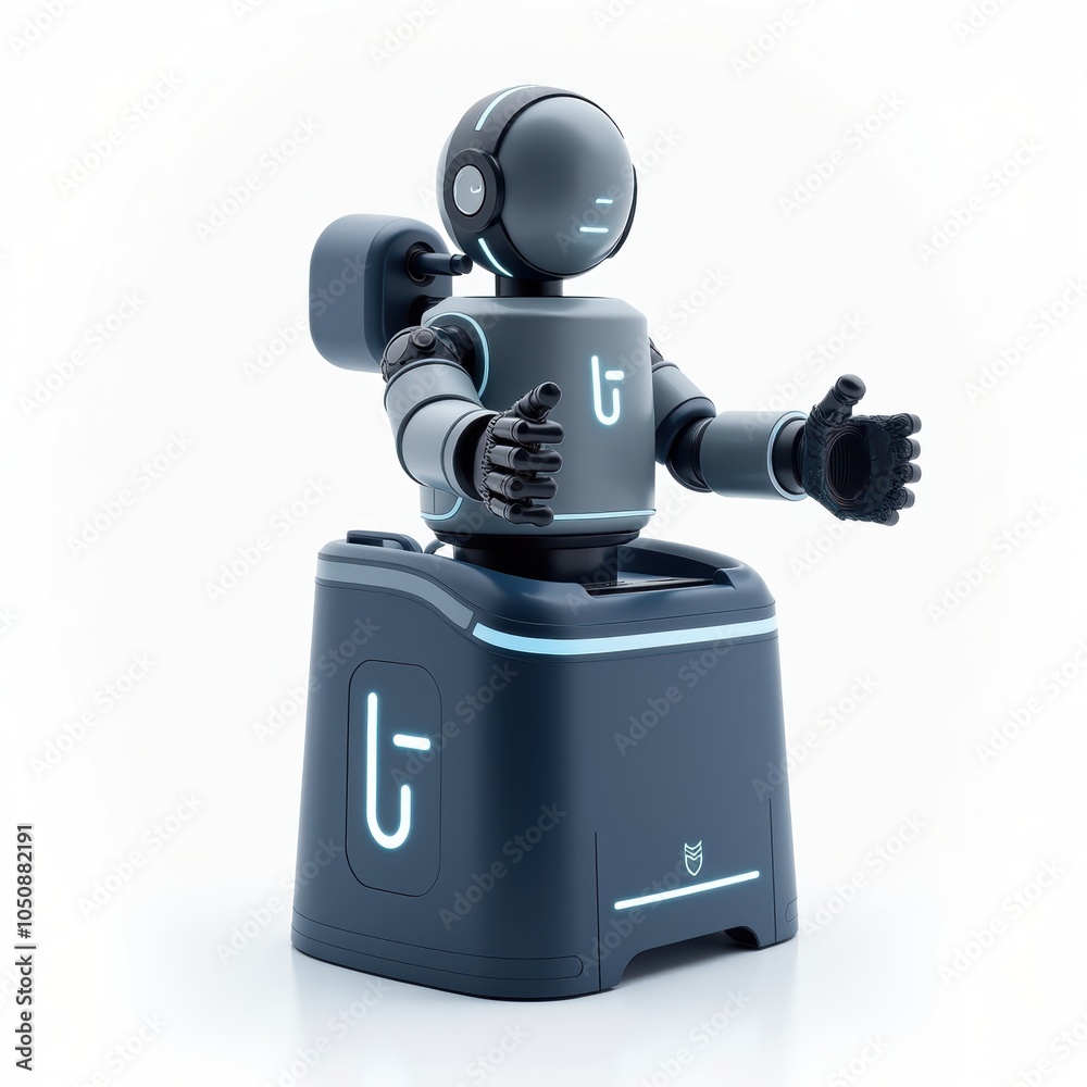 Blue robot with glowing eyes holding a plunger, white background, futuristic design, cute appearance. Generative, AI, Blue robot with glowing eyes holding a plunger, white background, futuristic design, cute appearance. Generative, AI,