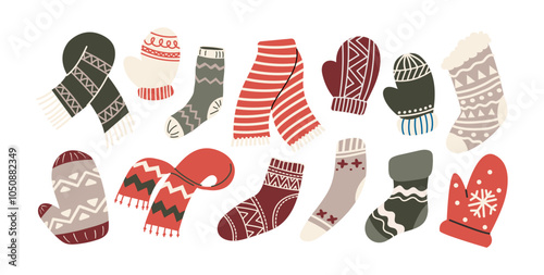 Stickers of warm winter clothes: scarves, hats, socks, mittens. Christmas new year stickers in cartoon style. Cozy holiday seasonal vector illustrations in retro Scandinavian groovy style