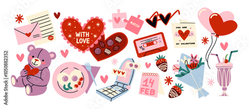 Cartoon stickers for St. Valentine's Day on February 14 in retro 90s style. Romantic elements, love envelope, hearts,love, gifts. Vector shapes set.	