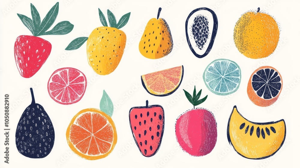 Hand-drawn colorful fruits and berries, modern abstract minimal style, vector illustration Hand-drawn colorful fruits and berries, modern abstract minimal style, vector illustration