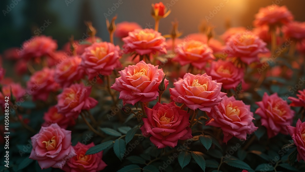 Roses with flame colored petals illuminating the ground Roses with flame colored petals illuminating the ground