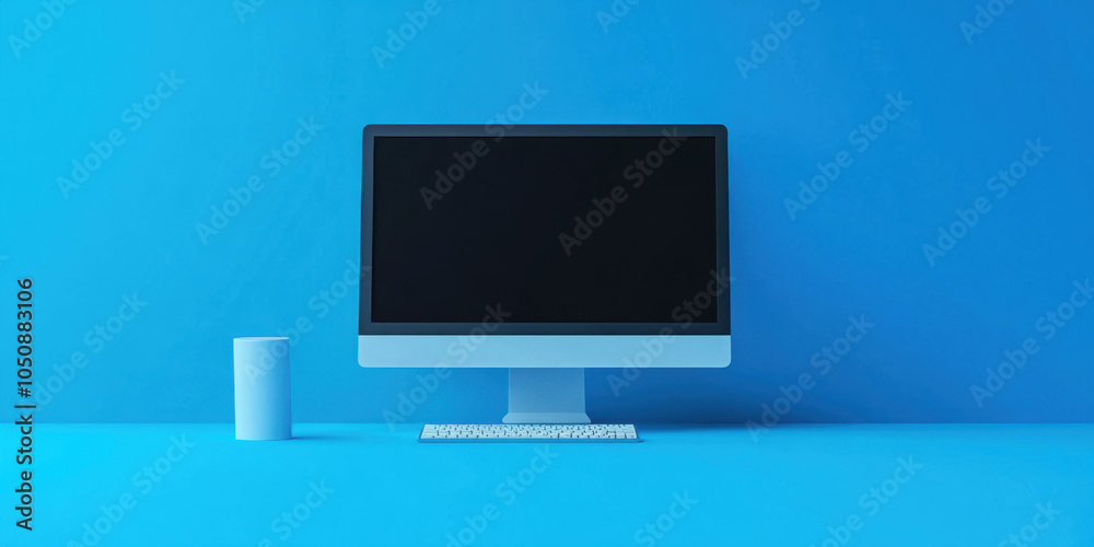 Modern Workspace Featuring a Sleek Computer in a Minimalist Blue Environment