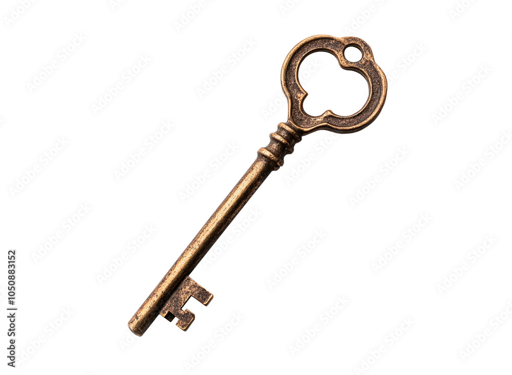 Old golden key isolated on white isolated background in retro vintage style. Old golden key isolated on white isolated background in retro vintage style.