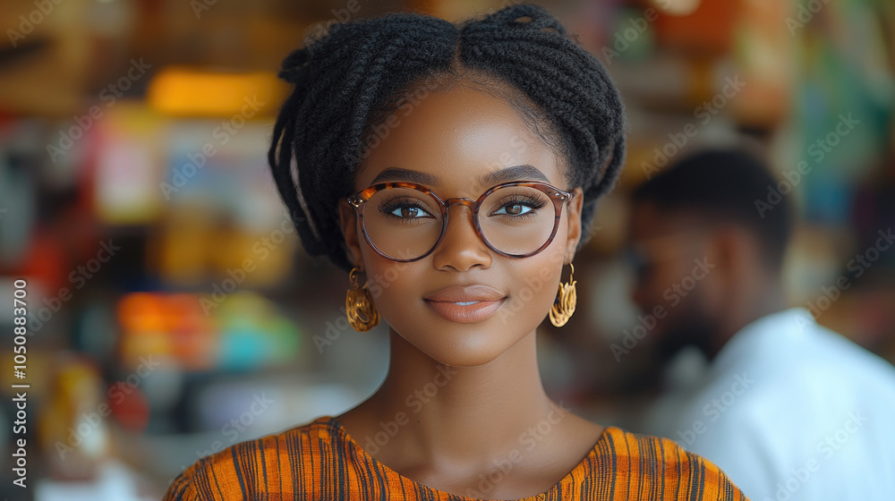 A young woman wearing glasses and traditional attire stands confidently in a lively café, exuding charm and warmth during the day A young woman wearing glasses and traditional attire stands confidently in a lively café, exuding charm and warmth during the day