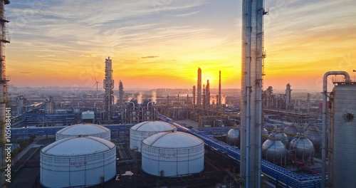 Aerial shot of oil refinery and chemical plant in large industrial area at sunset