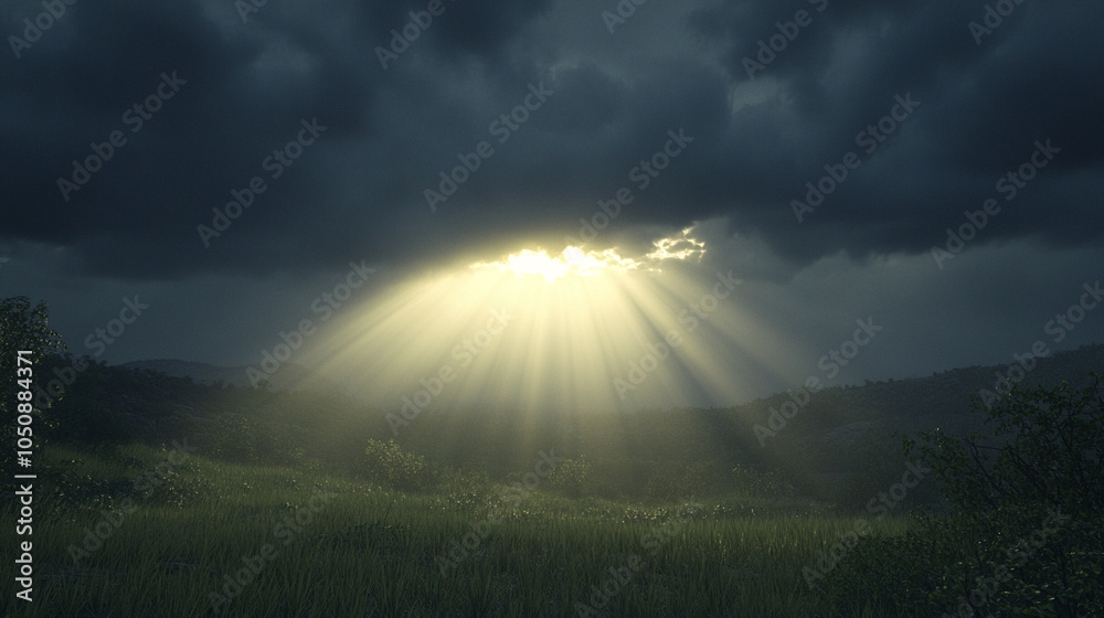 Sunlight breaking through dramatic dark clouds in sky. Sunlight breaking through dramatic dark clouds in sky.