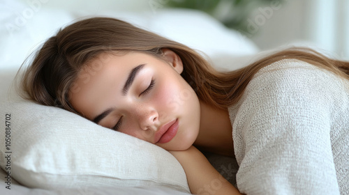 A young woman rests her head on a pillow, embodying tranquility in a bright, cozy bedroom filled with soft light