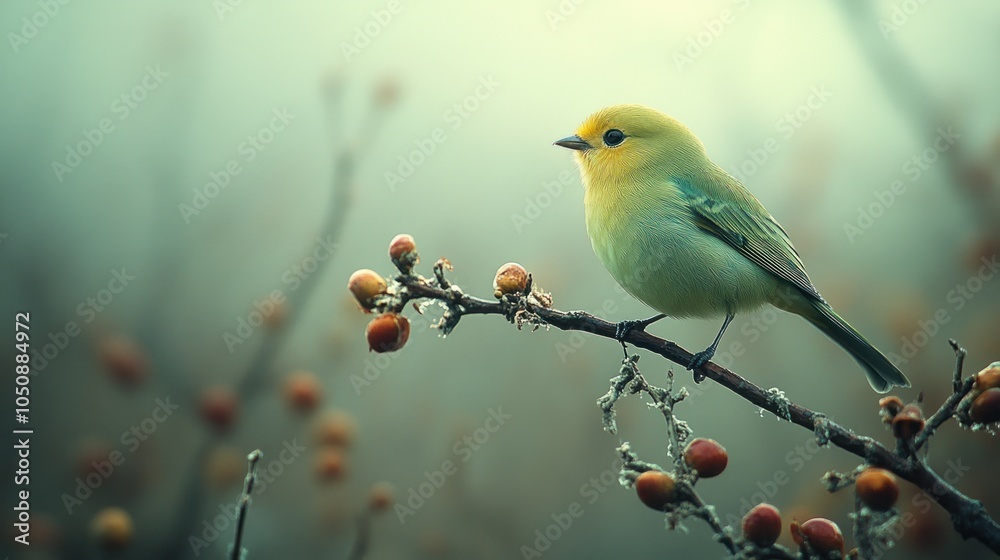 Obraz premium A small, yellow bird perches on a branch with red berries, in a foggy forest.