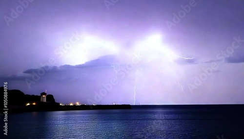 Bright flashes of intense 4K lightning in a night storm, on black sky and mountain volcanic eruption background.