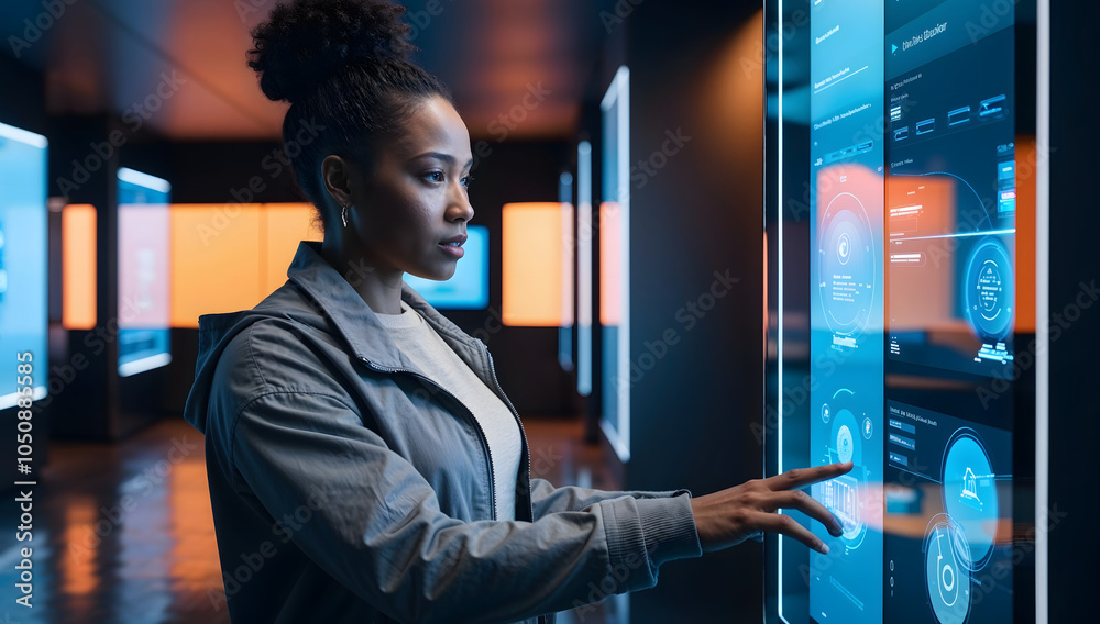 Fototapeta premium Black female, Chief Technology Officer, using a tablet standing in Big Data Center. AI. IT Specialist.