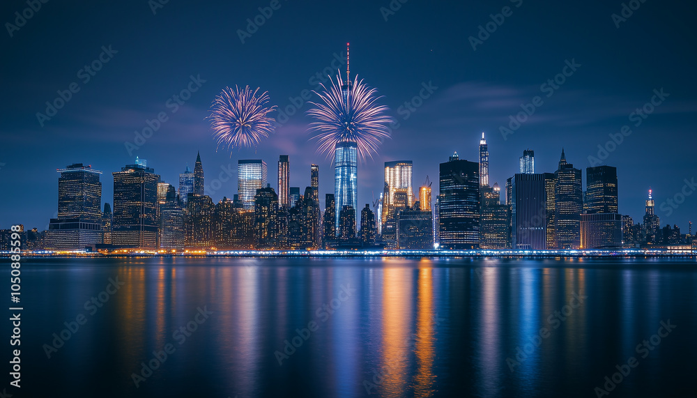 Obraz premium A view of Manhattan in New York City, which comes alive with the bright lights of fireworks that sparkle in the night sky