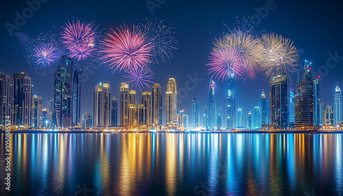 A view of Dubai that comes alive with the bright lights of fireworks that sparkle in the night sky