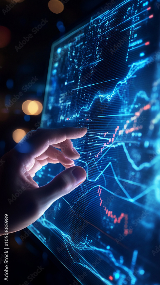 Close-up. Hand interacting with financial data on digital screen. Close-up. Hand interacting with financial data on digital screen.
