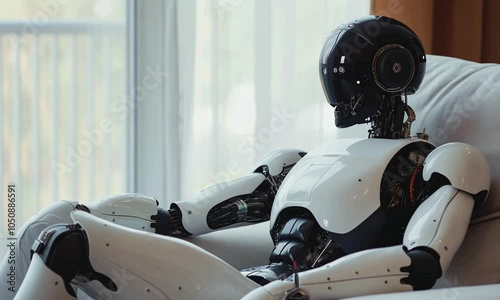Sophisticated humanoid robot sitting on a couch, gazing thoughtfully out of a window, showcasing advanced technology and design.