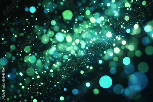 Green and blue bokeh lights on a black background creating a serene glow