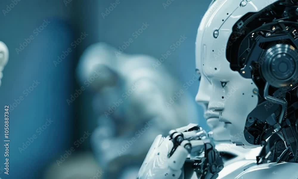 Pensive humanoid robot contemplating, with intricate mechanical design, in a futuristic setting, showcasing advanced technology and artificial intelligence. Pensive humanoid robot contemplating, with intricate mechanical design, in a futuristic setting, showcasing advanced technology and artificial intelligence.