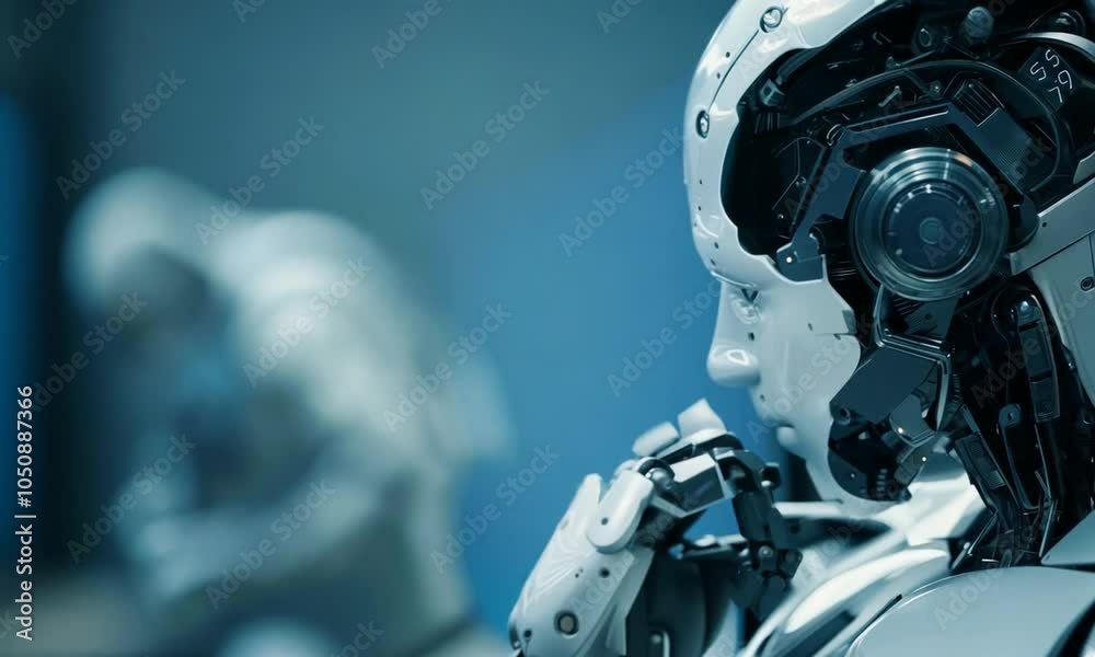 Futuristic robotic figure with sleek design and advanced technology, focusing intently in a modern, high-tech environment.