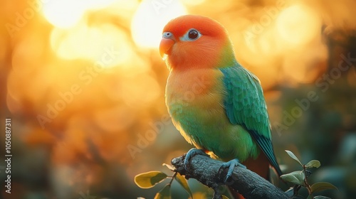 A colorful lovebird perches on a branch against a warm sunset backdrop. photo