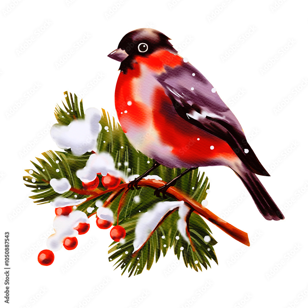 Obraz premium Bullfinch on coniferous branch with berries and snow. Digital watercolor isolated illustration on white background
