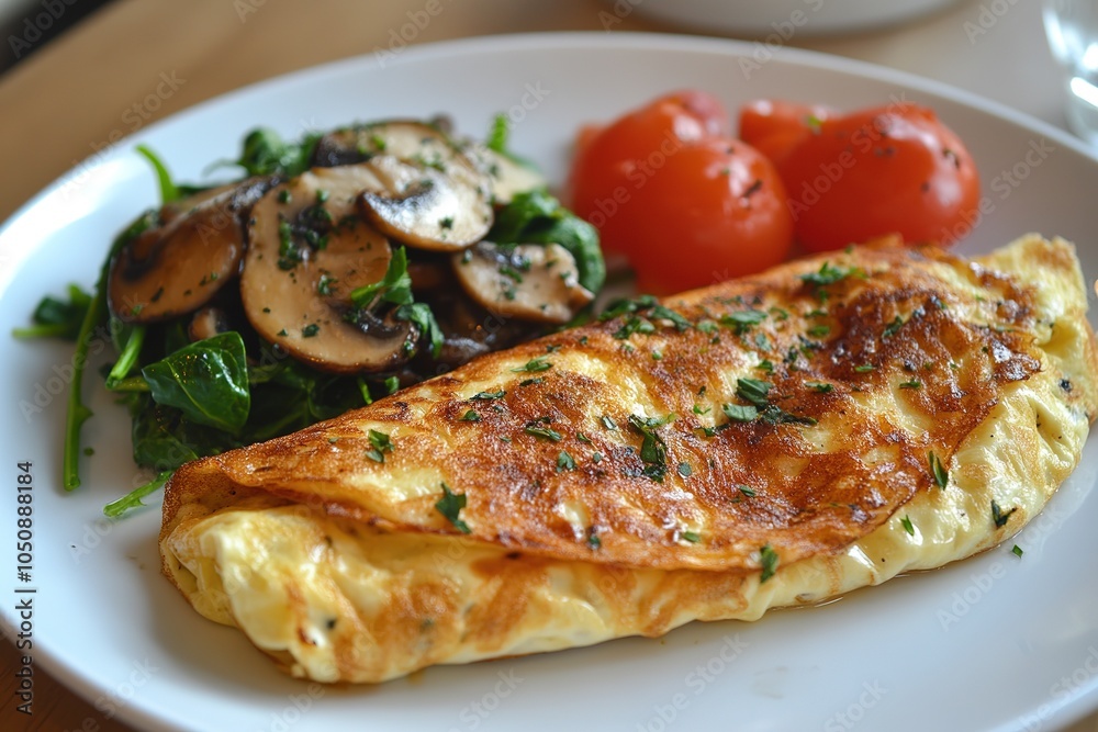Fresh homemade omelette with mushrooms, feta cheese and herbs. A healthy protein breakfast with mushrooms and spinach Fresh homemade omelette with mushrooms, feta cheese and herbs. A healthy protein breakfast with mushrooms and spinach