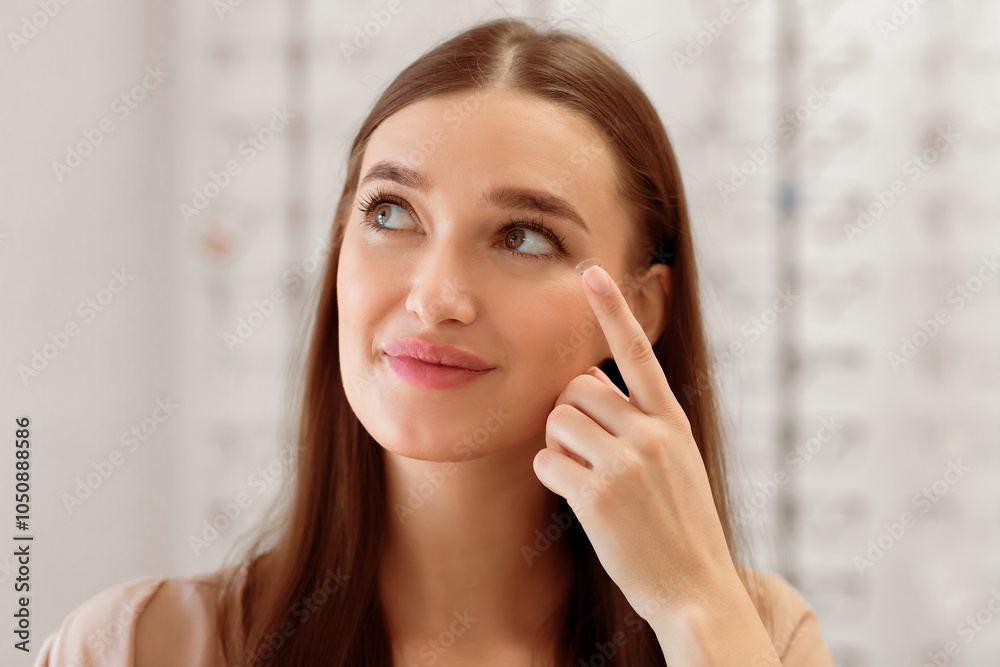 How To Apply Contact Lenses Concept. Close up portrait of young woman wearing eye lens, looking aside How To Apply Contact Lenses Concept. Close up portrait of young woman wearing eye lens, looking aside