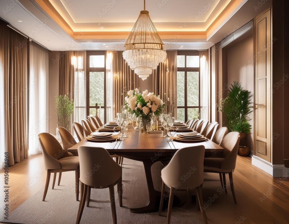 Fototapeta premium Large dining room with a long table and many chairs