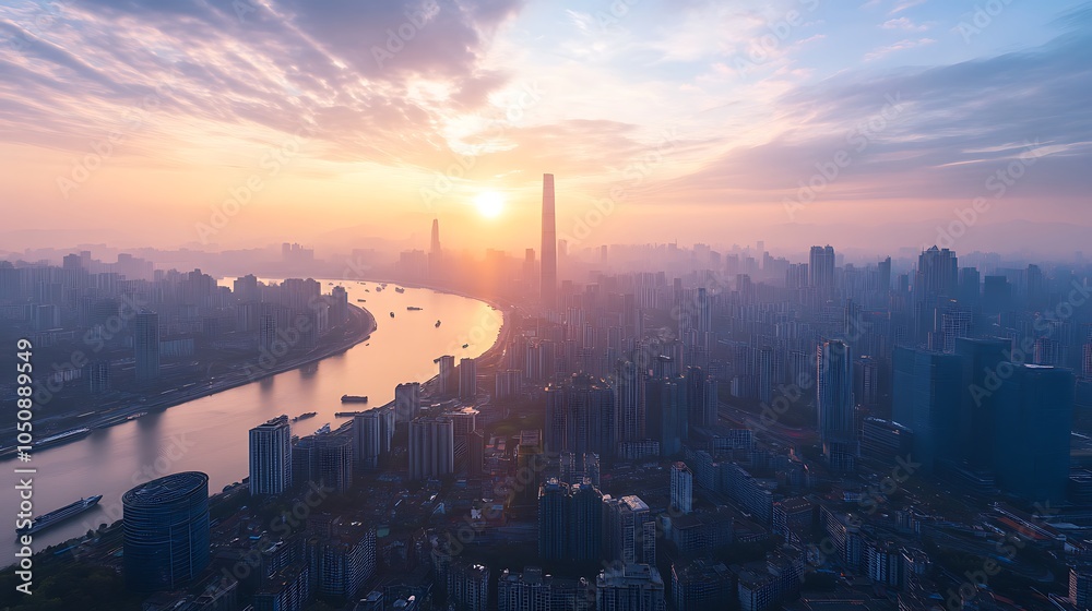 Fototapeta premium Sunrise Illuminating Cityscape with Flowing River and Towering Mountain Views photo