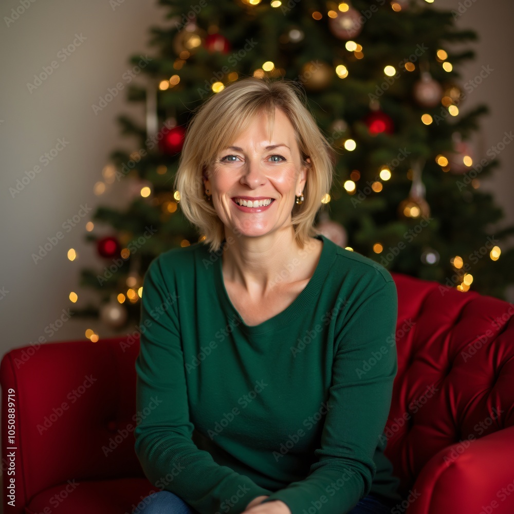 Smiling woman decorating Christmas tree with festive ornaments Smiling woman decorating Christmas tree with festive ornaments