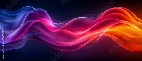 An abstract wave of vibrant colors, blending deep blues, purples, pinks, and fiery oranges, creating a sense of movement and energy against a dark backdrop.