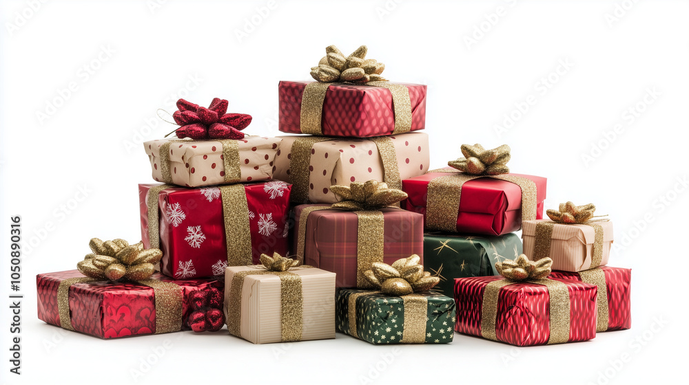 Obraz premium Stack of colorful gift boxes with ribbon, gift box for birthday, wedding, anniversary, party, event, gift guide, retail idea, advertising, Christmas gifts on the white background. AI generation