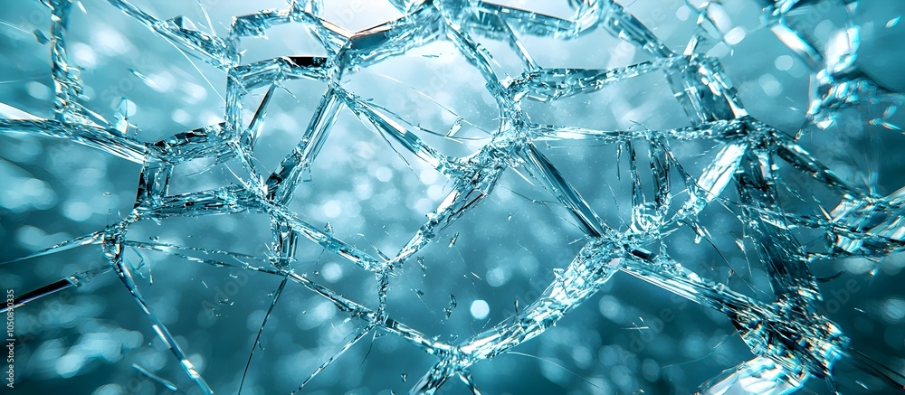 Close-up of fractured clear glass pieces, showcasing intricate patterns and sharp edges against a soft blue background, creating a cool and dynamic abstract composition. Close-up of fractured clear glass pieces, showcasing intricate patterns and sharp edges against a soft blue background, creating a cool and dynamic abstract composition.