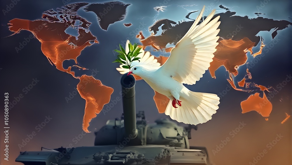 Series of photographs: White dove, symbol of peace, flying in a warlike environment.