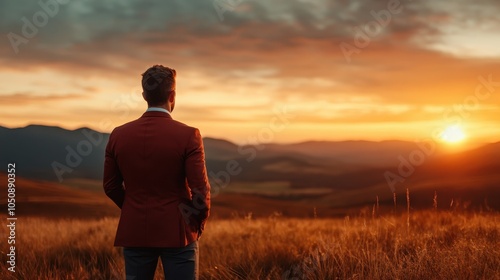 A person stands in a countryside field, observing a stunning sunset in the distance, embodying a moment of introspection, calm, and wonder in an open, rural landscape.